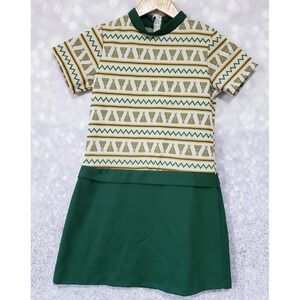Vtg Sears Roebuck Girls Green Dress Zig Zag Teepee Pattern Drop Waist Sz 10
